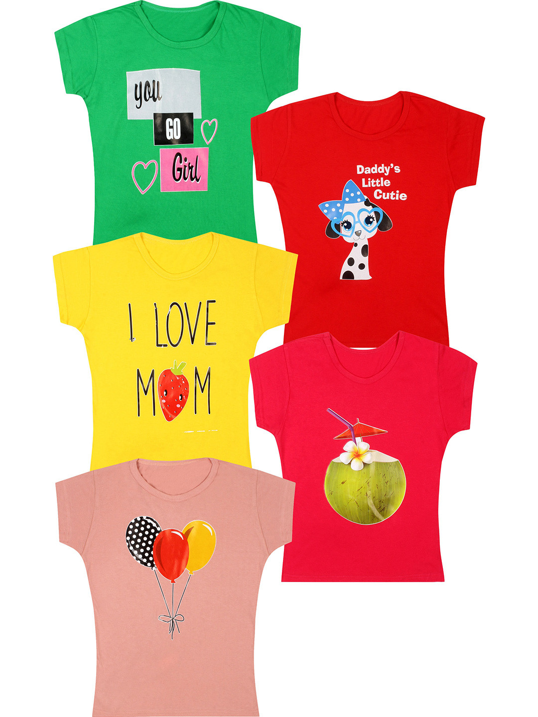 

CAREPLUS Pack Of 5 Graphic Print Round Neck Cotton Top, Yellow