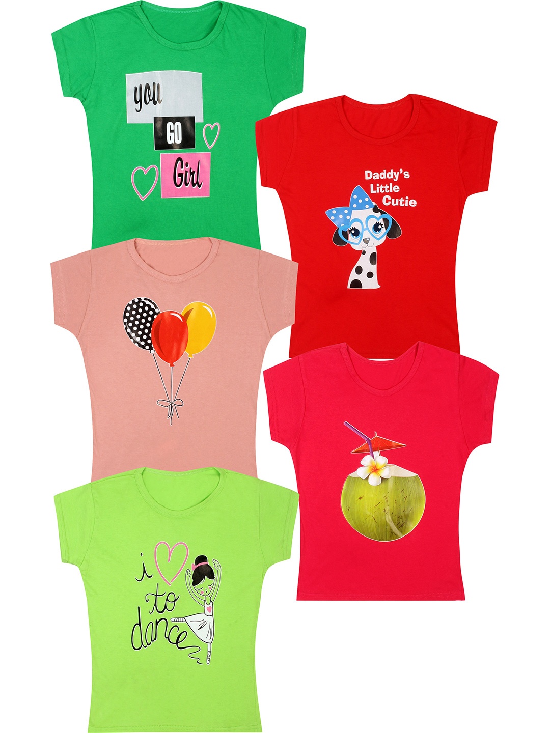 

CAREPLUS Pack Of 5 Graphic Print Round Neck Cotton Top, Lime green