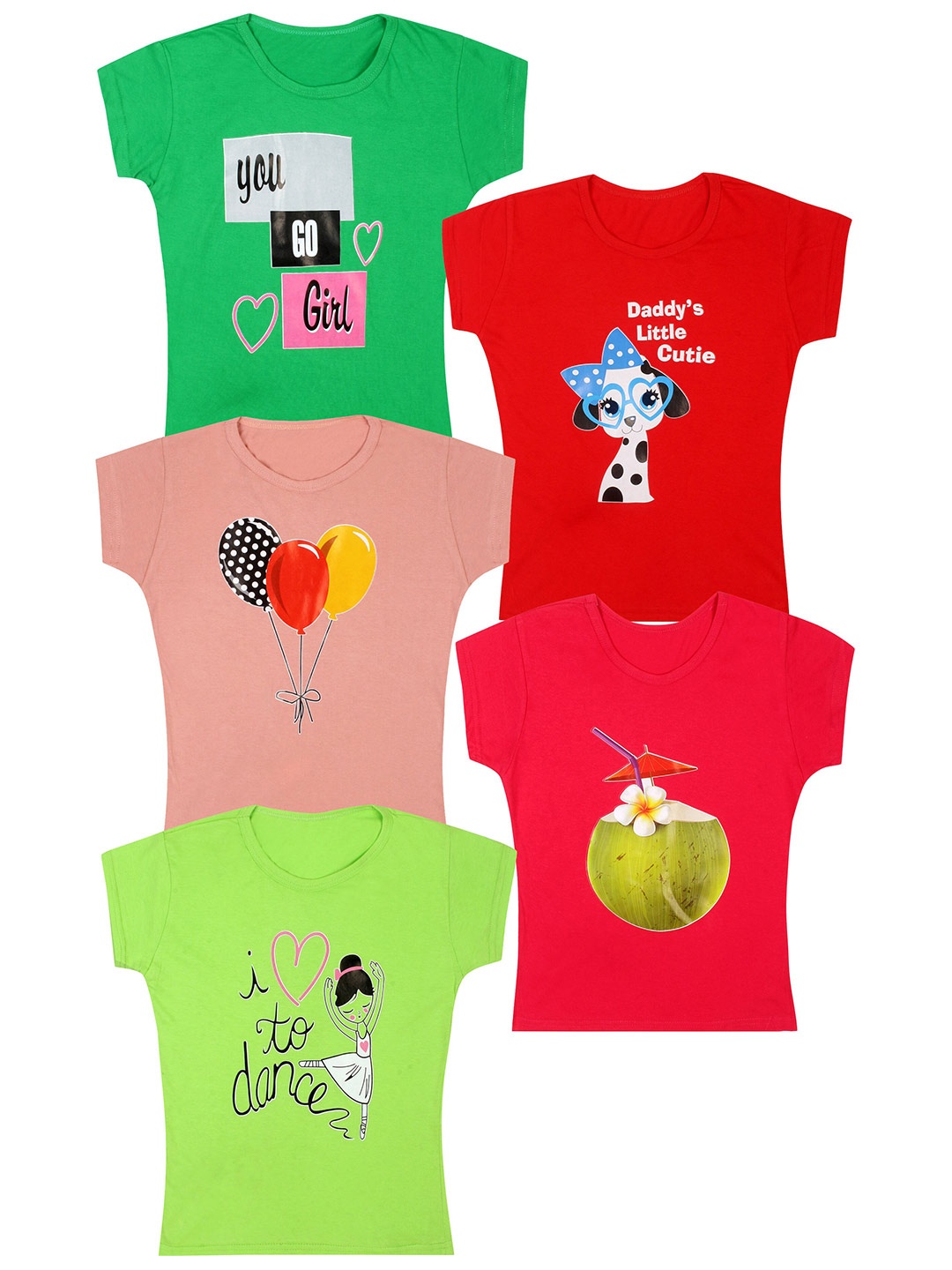 

CAREPLUS Pack Of 5 Graphic Print Round Neck Cotton Top, Peach