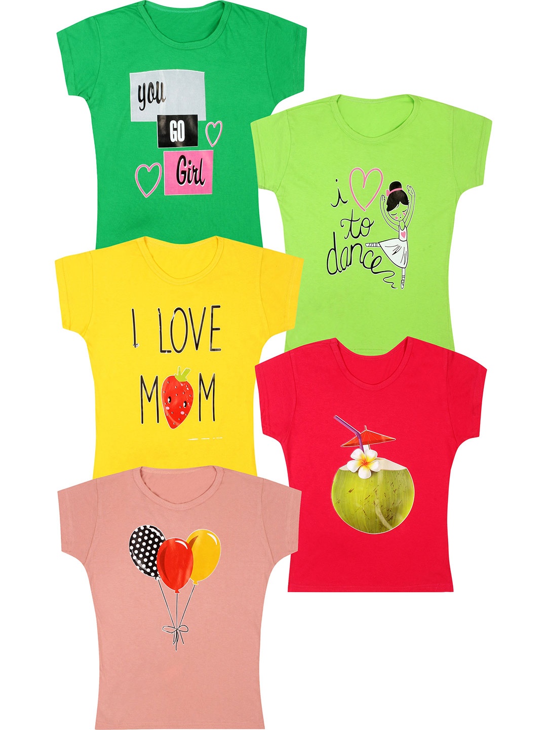 CAREPLUS Pack Of 5 Graphic Print Round Neck Cotton Top, Green