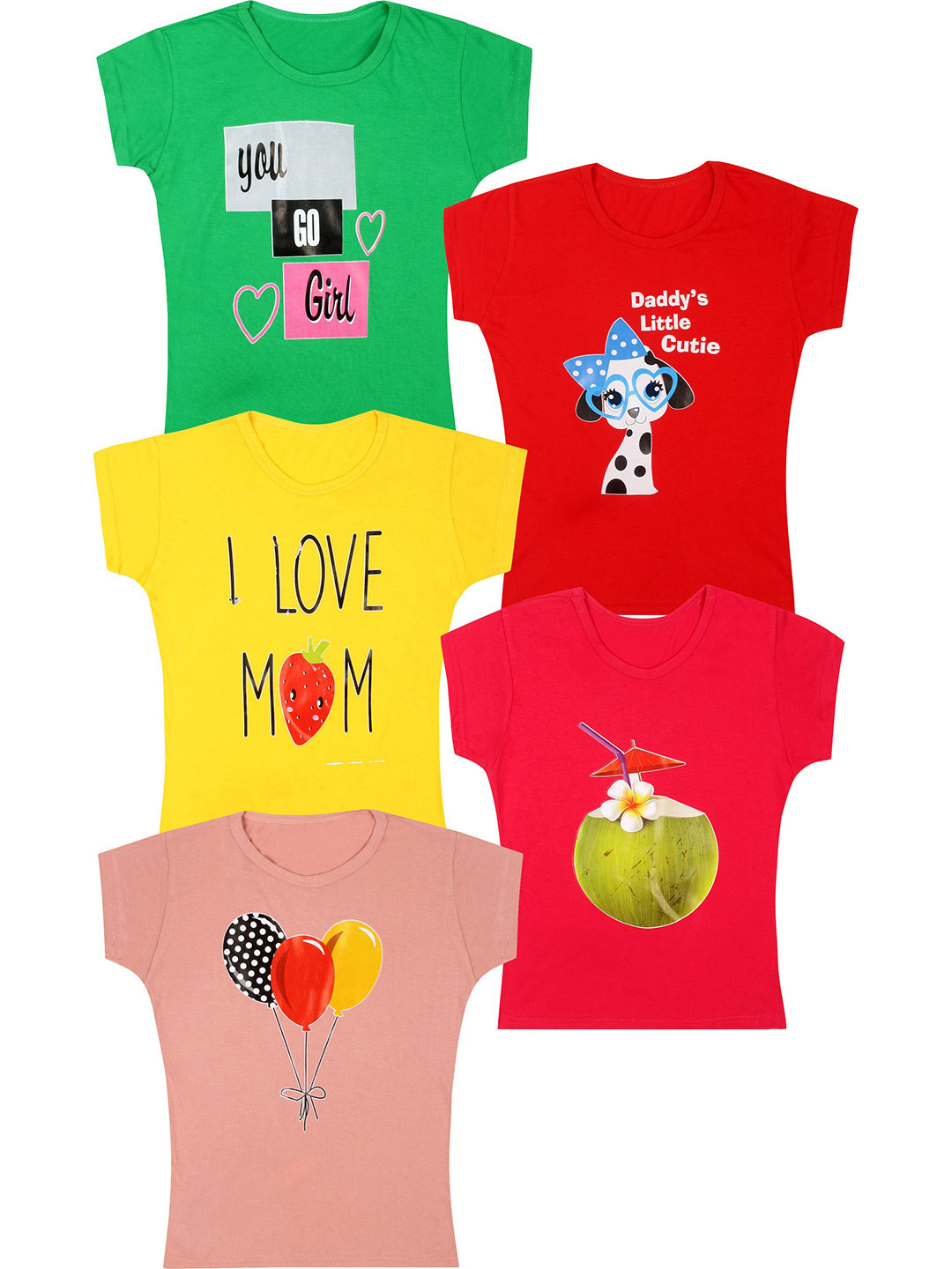 

CAREPLUS Pack Of 5 Graphic Print Round Neck Cotton Top, Green