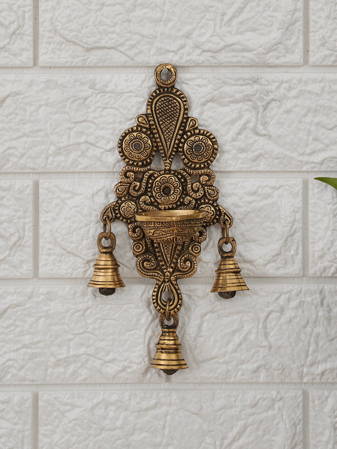 

DecorTwist Gold-Toned Brass Wall Fixed Hanging Diya With Bells