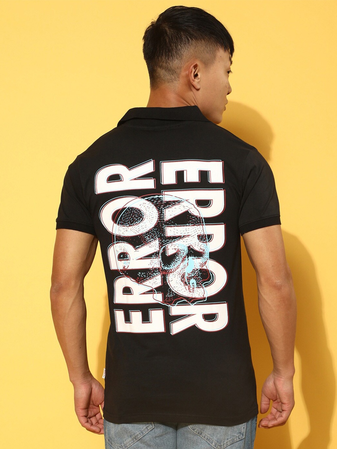

VEIRDO Black Typography Printed Polo Collar Cotton T-shirt