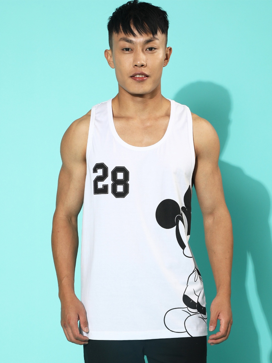 

VEIRDO White Mickey Mouse Printed Monochrome Cotton T-shirt