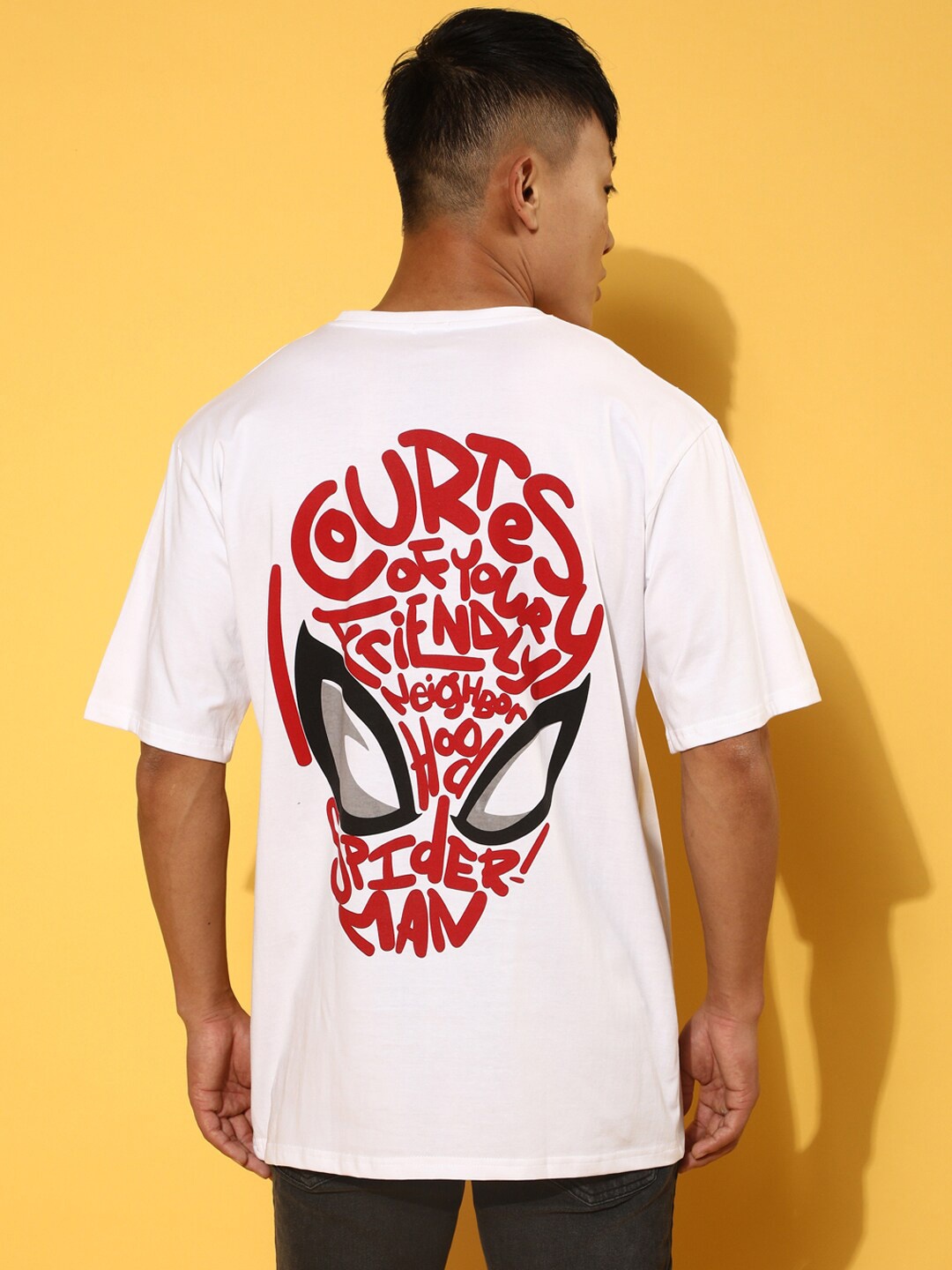 

VEIRDO Spiderman Typography Printed Cotton Oversized T-shirt, White