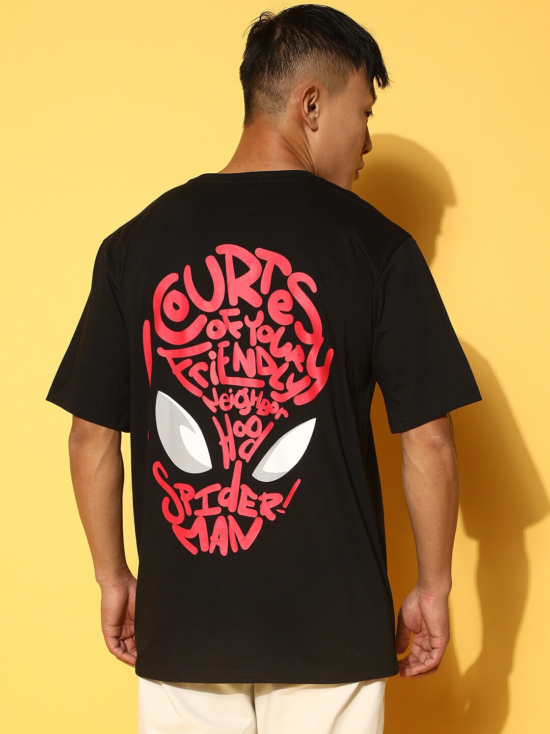 

VEIRDO Marvel Black Spiderman Typography Printed Cotton Oversized T-shirt