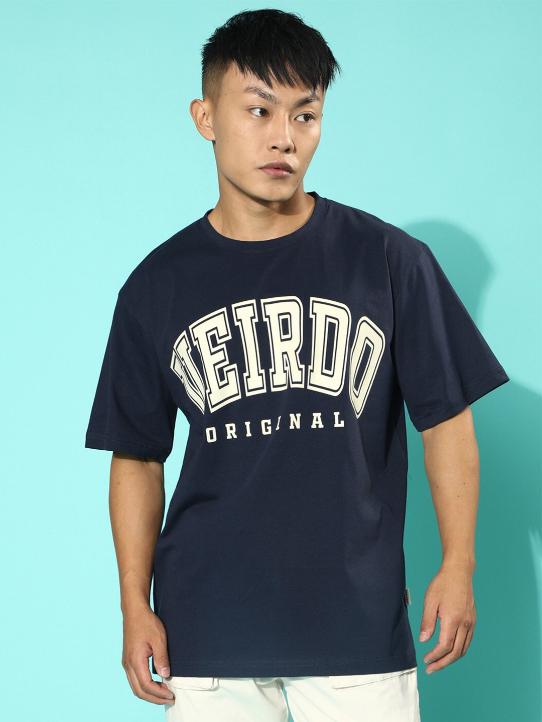 

VEIRDO Navy Blue Typography Printed Oversized Cotton T-shirt