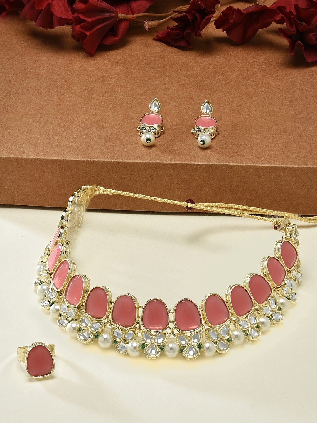 

Zaveri Pearls Gold-Plated Stone-Studded & Beaded Necklace & Earrings With Finger Ring