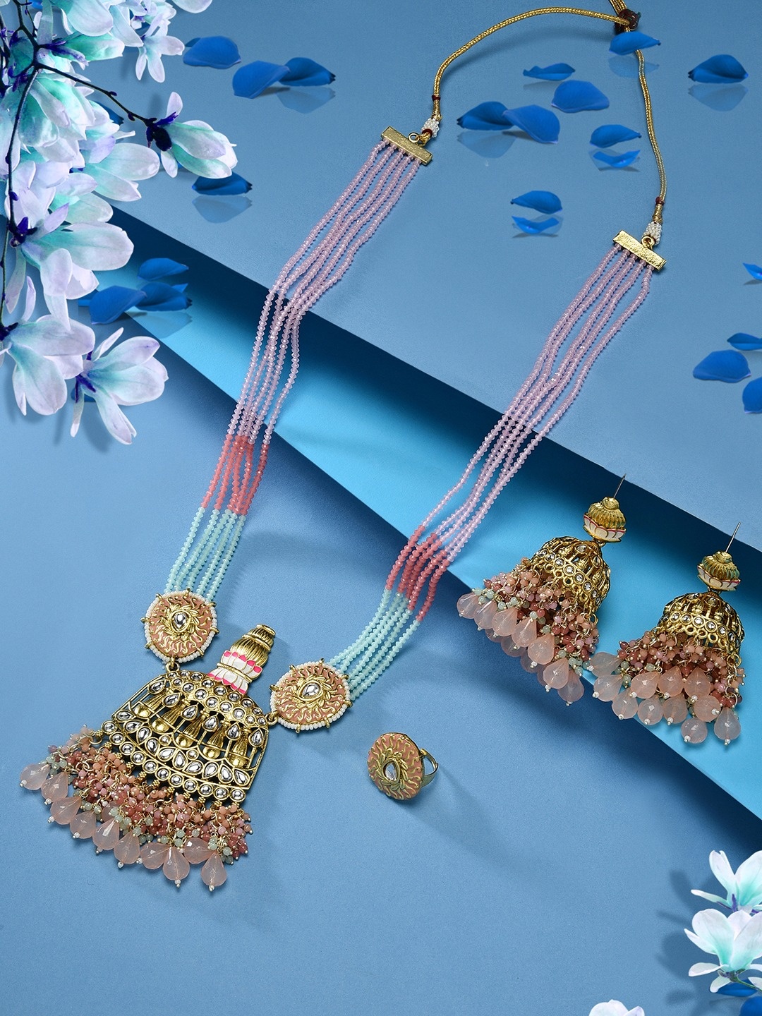 

Zaveri Pearls Gold-Plated Stone-Studded Necklace & Earrings With Finger Ring