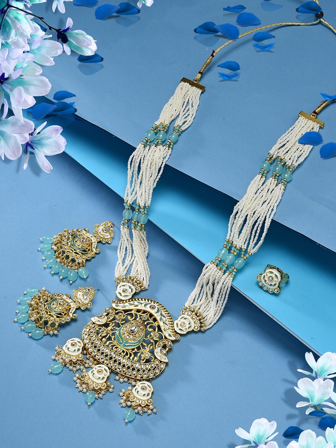 

Zaveri Pearls Gold-Plated Meenakari Necklace & Earring With Ring Set