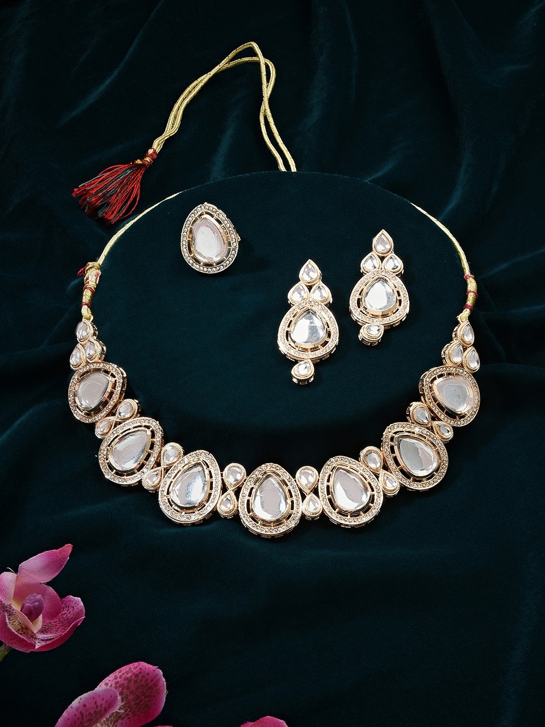 

Zaveri Pearls Gold-Plated Kundan Necklace & Earring With Ring Set