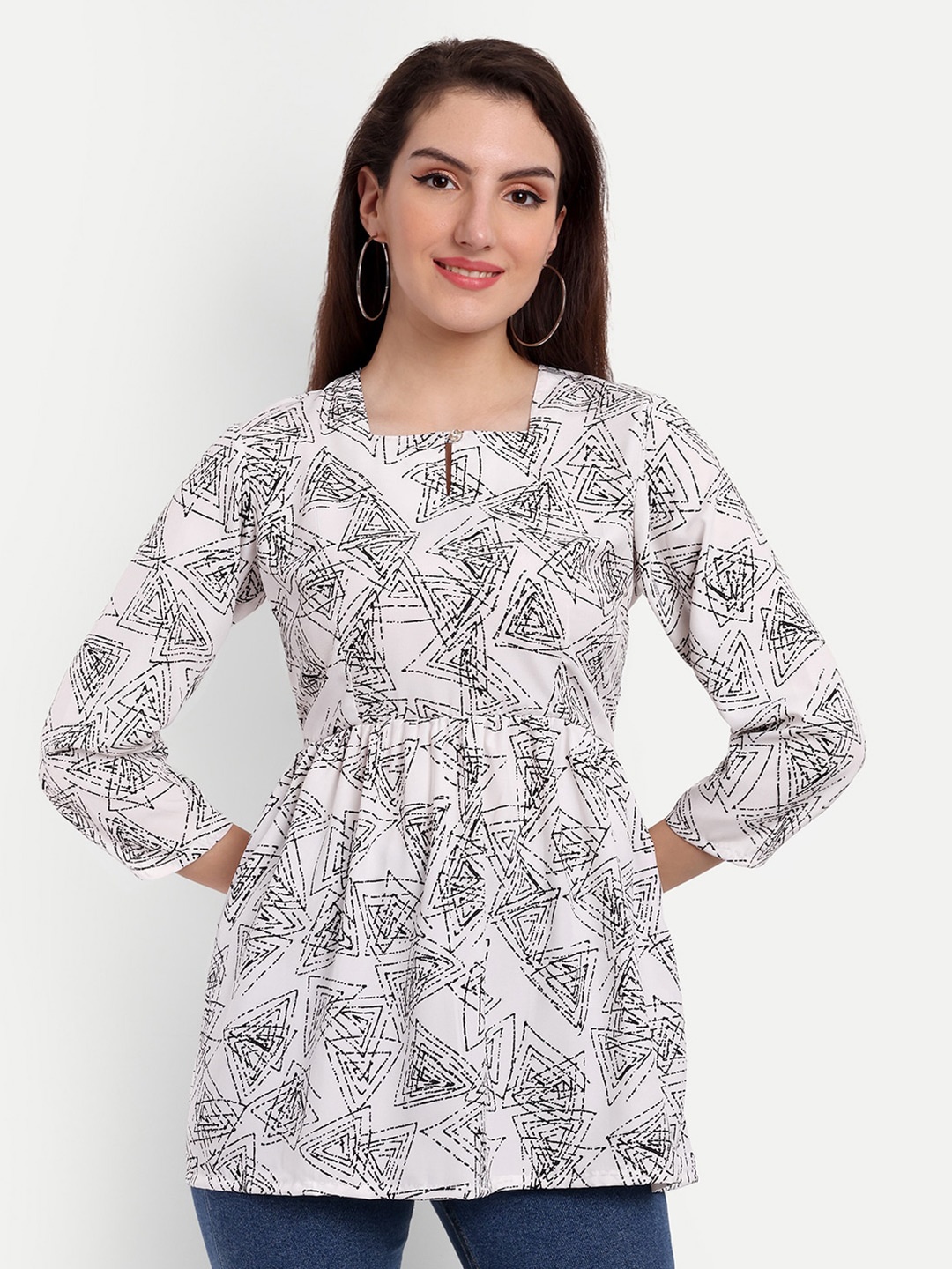 

Rudraaksha Creations Geometric Print Empire Longline Top, White