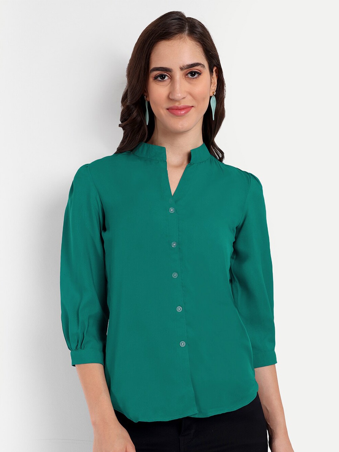 

Rudraaksha Creations Mandarin Collar Shirt Style Top, Green