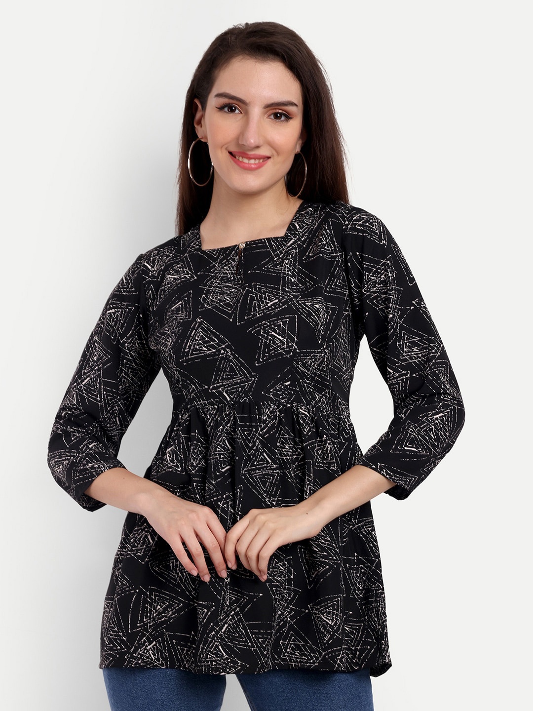 

Rudraaksha Creations Geometric Print Crepe Empire Longline Top, Black