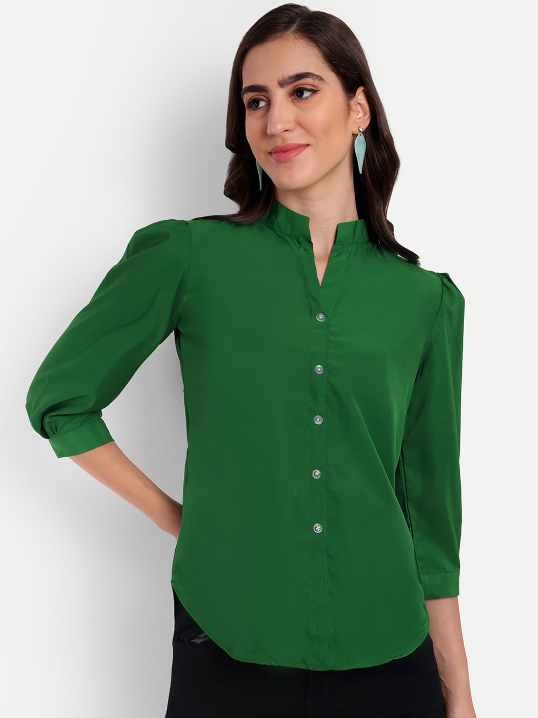 

Rudraaksha Creations Mandarin Collar Shirt Style Top, Green