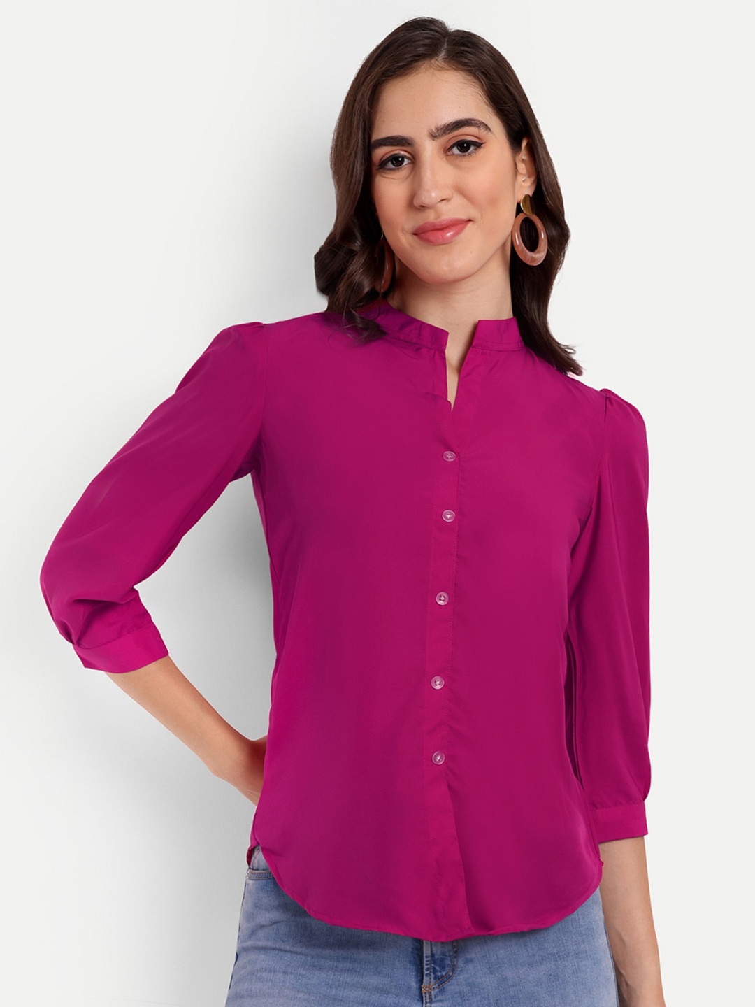 

Rudraaksha Creations Mandarin Collar Crepe Shirt Style Top, Magenta
