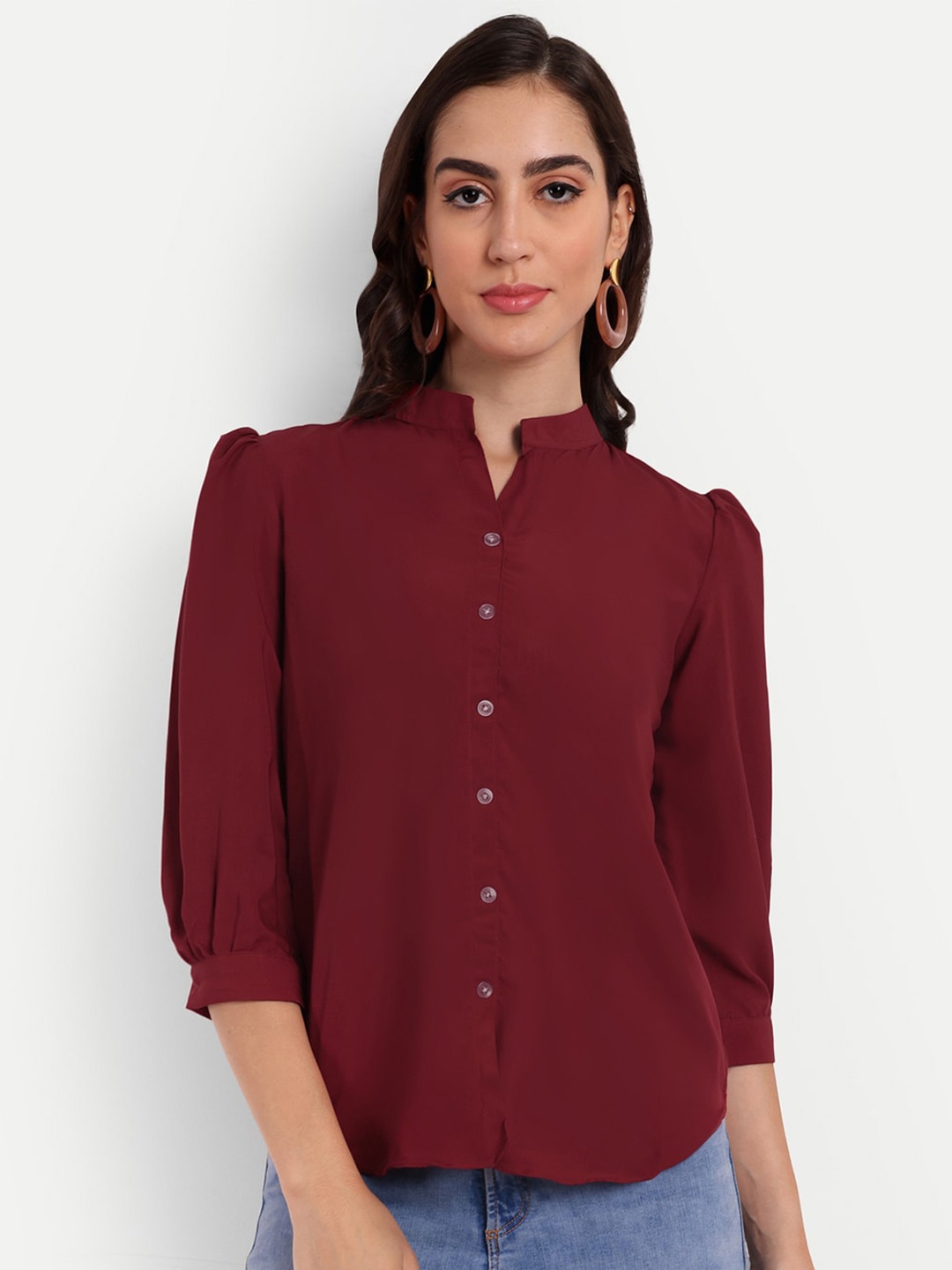 

Rudraaksha Creations Mandarin Collar Shirt Style Top, Maroon