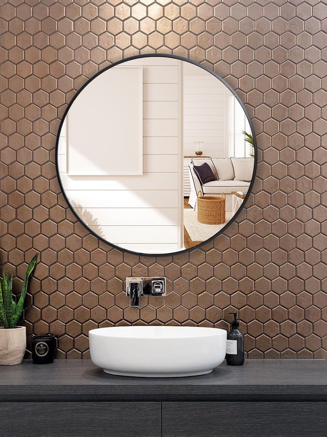 

SHREE KALA HOME DECOR Black Mat Finish Round Wall Mirror