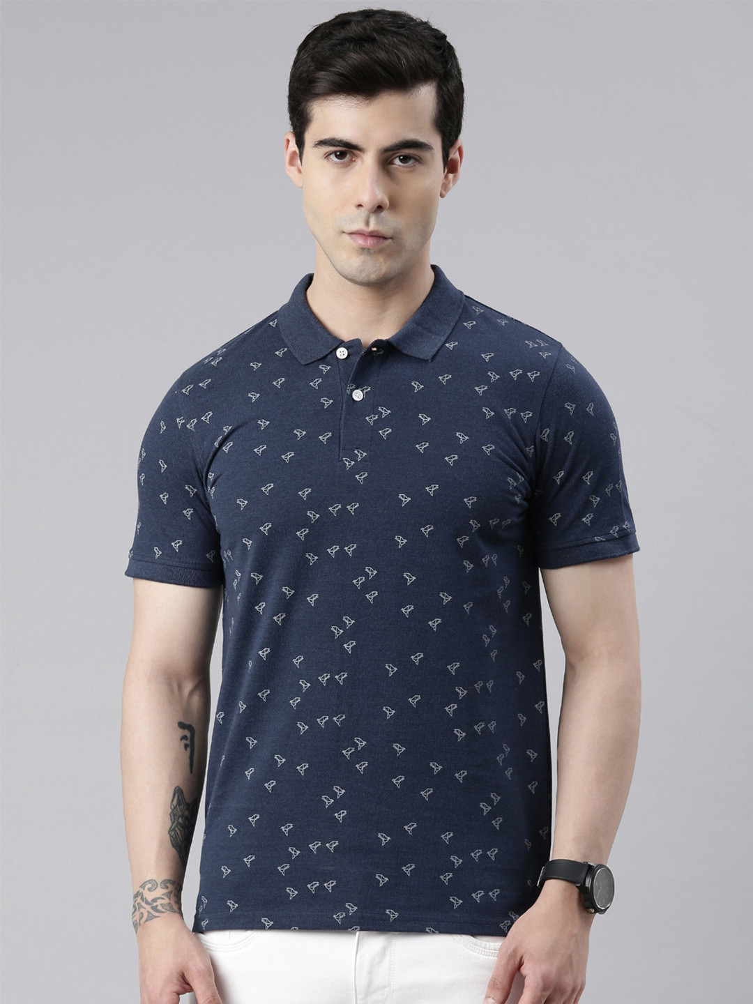 

Metronaut Conversational Printed Polo Collar Cotton T-Shirt, Navy blue