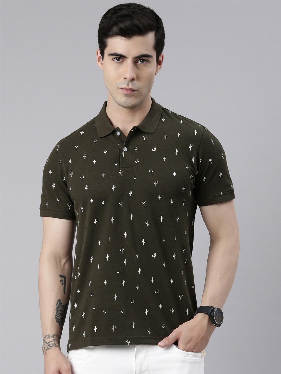 

Metronaut Micro Ditsy Printed Polo Collar Cotton T-Shirt, Olive