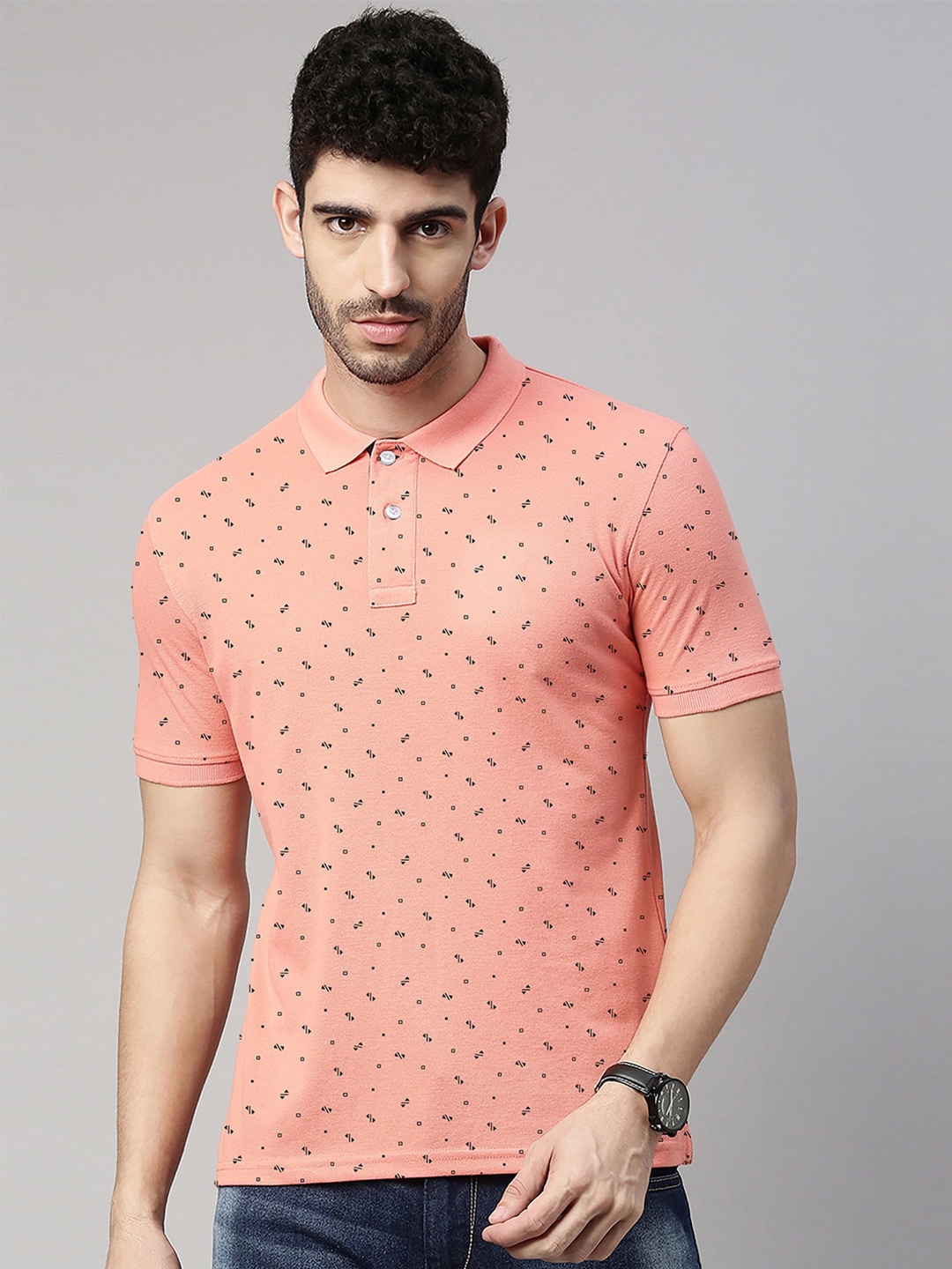 

Metronaut Conversational Printed Polo Collar Cotton T-shirt, Peach