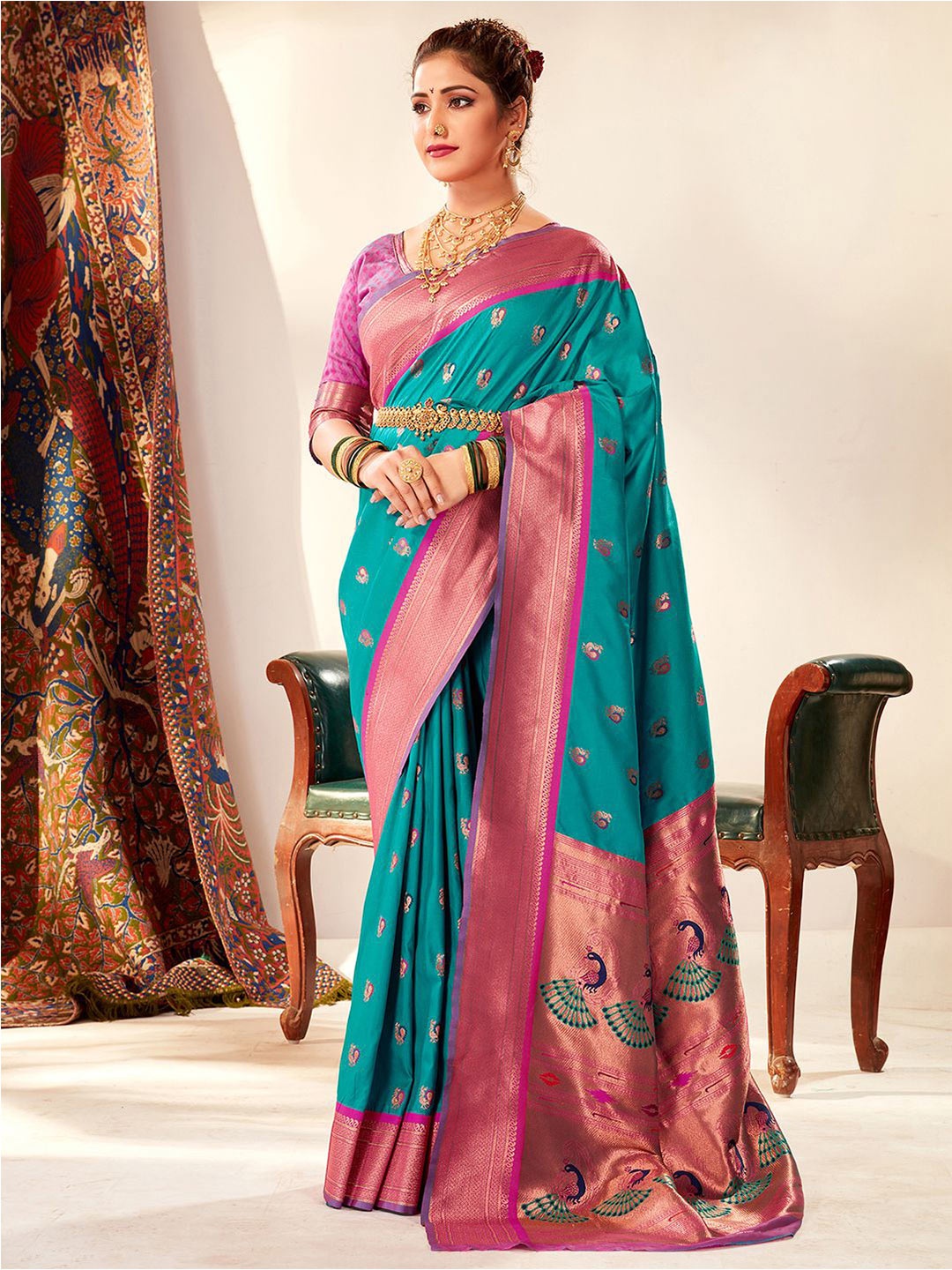 

Satrani Turquoise Blue & Pink Ethnic Woven Design Zari Paithani Saree