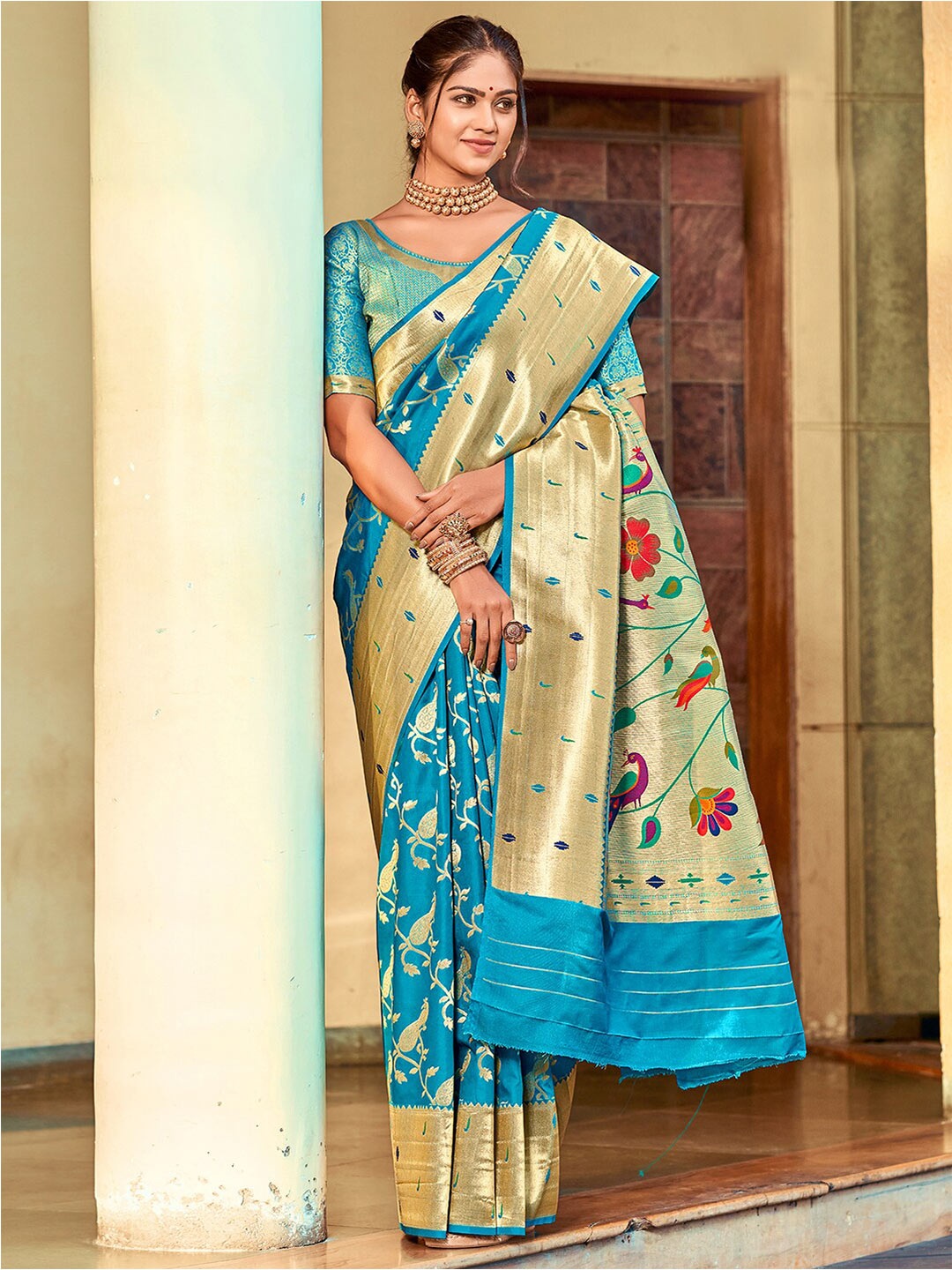 

Satrani Blue & Gold-Toned Ethnic Woven Design Zari Paithani Saree