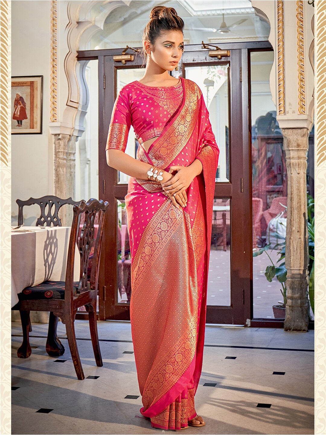 

Satrani Pink & Gold-Toned Ethnic Woven Design Zari Banarasi Saree