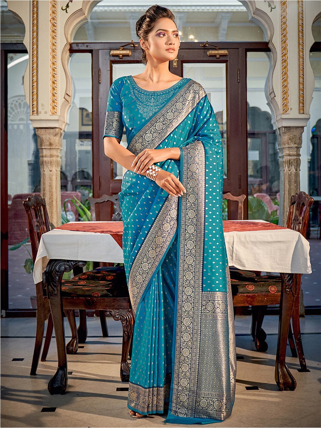 

Satrani Blue & Navy Blue Ethnic Woven Design Zari Banarasi Saree