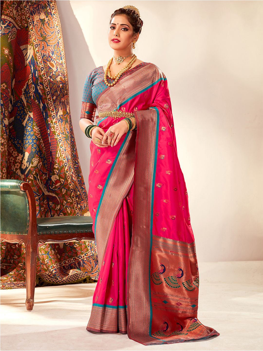 

Satrani Pink & Green Ethnic Woven Design Zari Paithani Saree