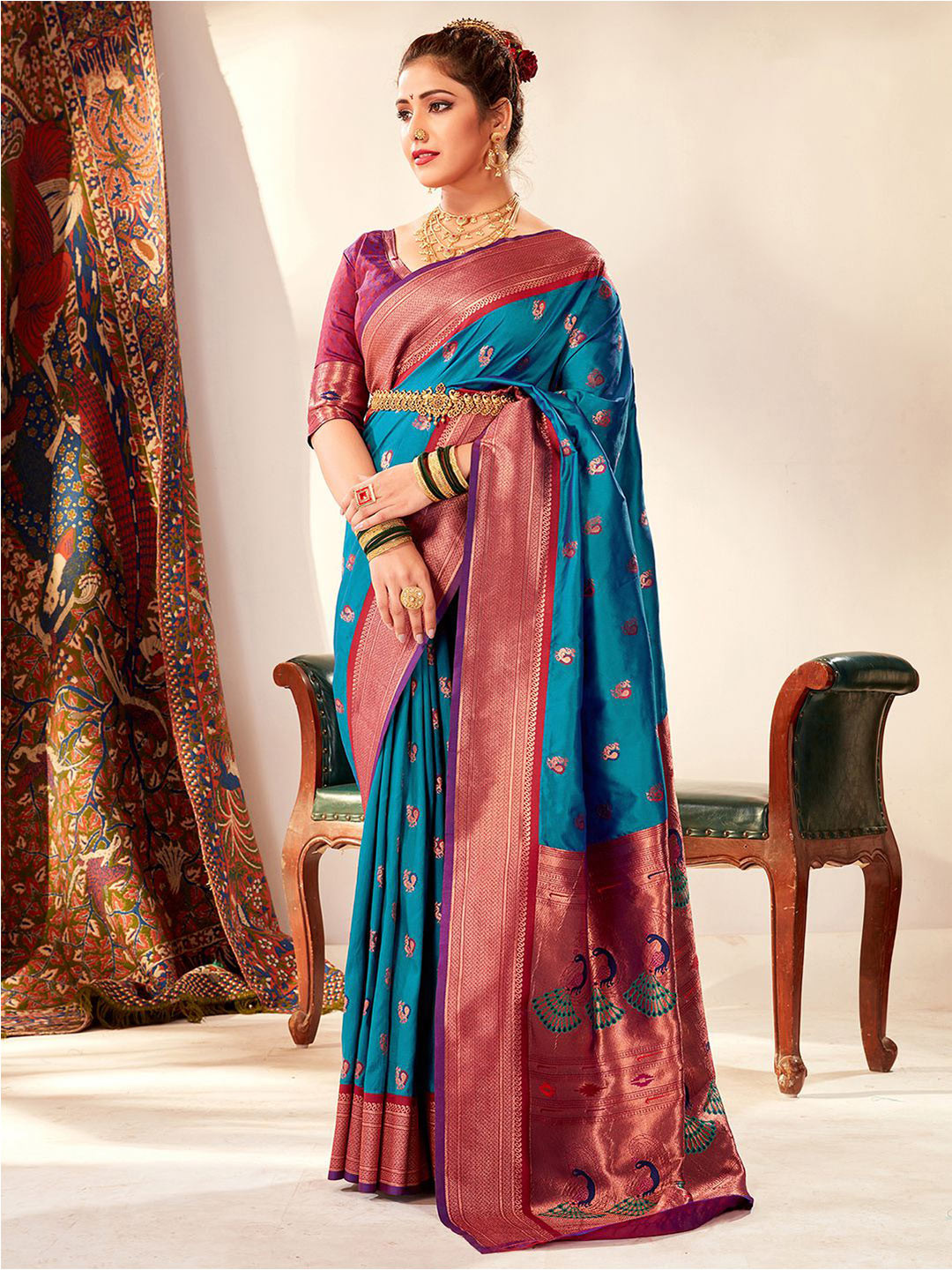 

Satrani Blue & Maroon Ethnic Woven Design Zari Paithani Saree