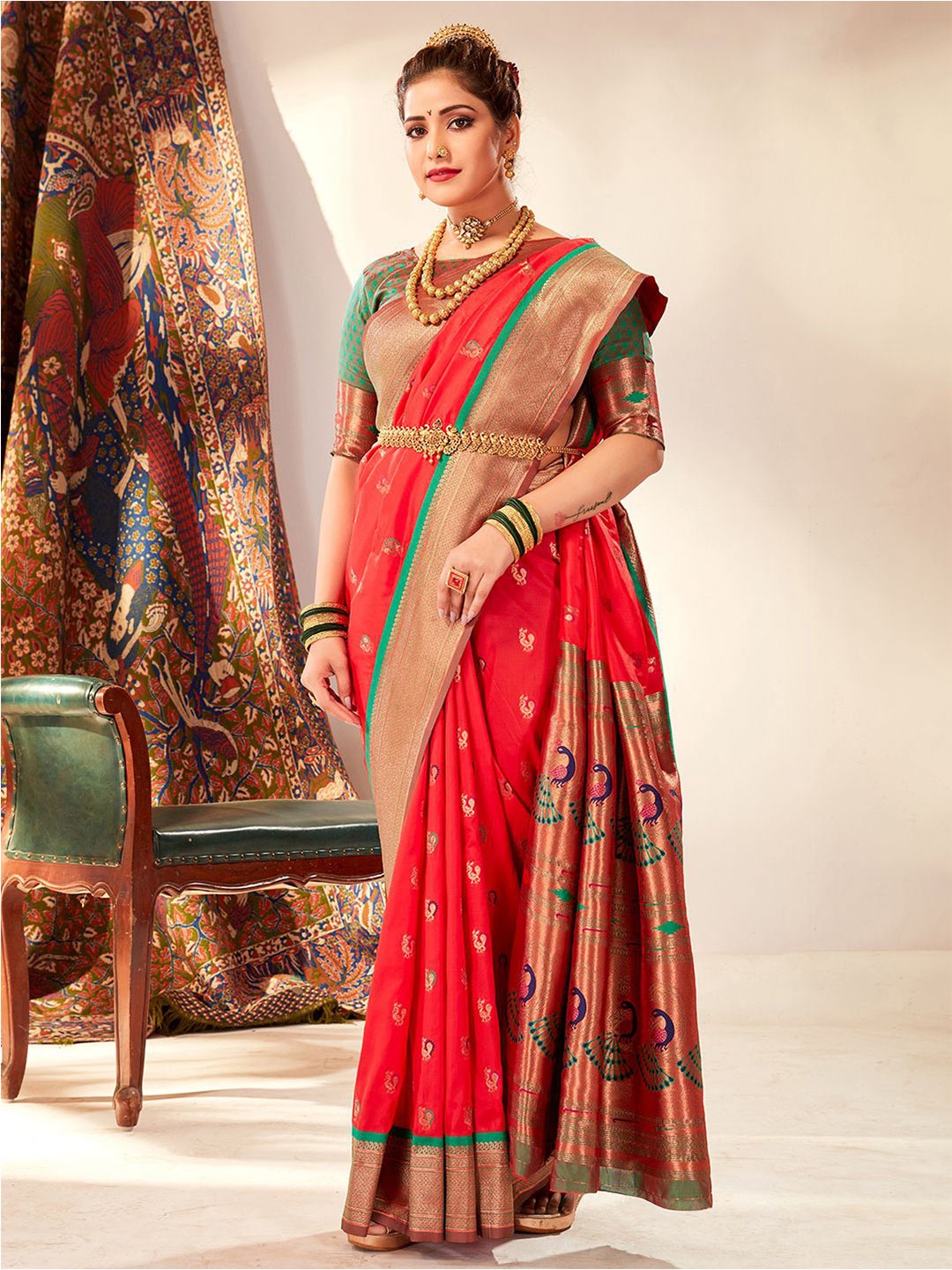 

Satrani Red & Green Ethnic Woven Design Zari Paithani Saree