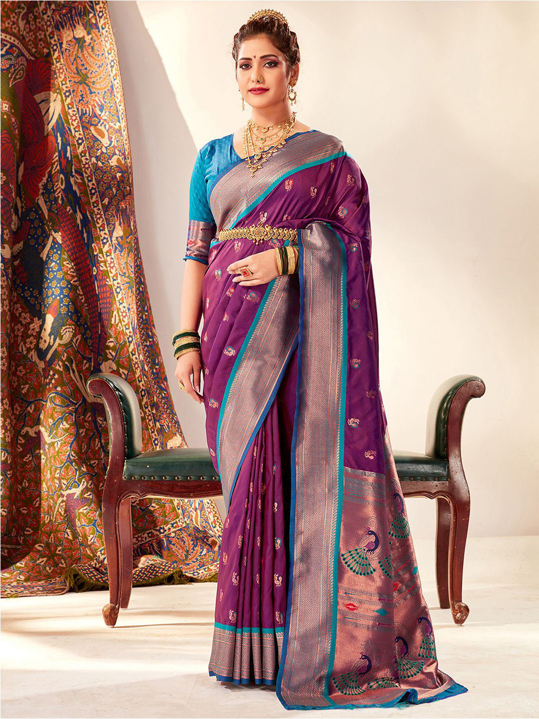 

Satrani Purple & Blue Ethnic Woven Design Zari Paithani Saree