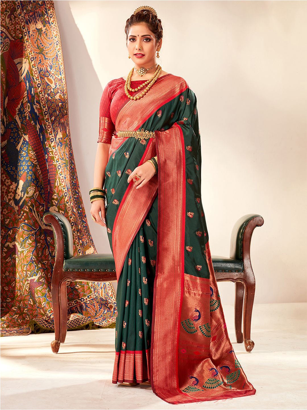 

Satrani Green & Red Ethnic Woven Design Zari Paithani Saree
