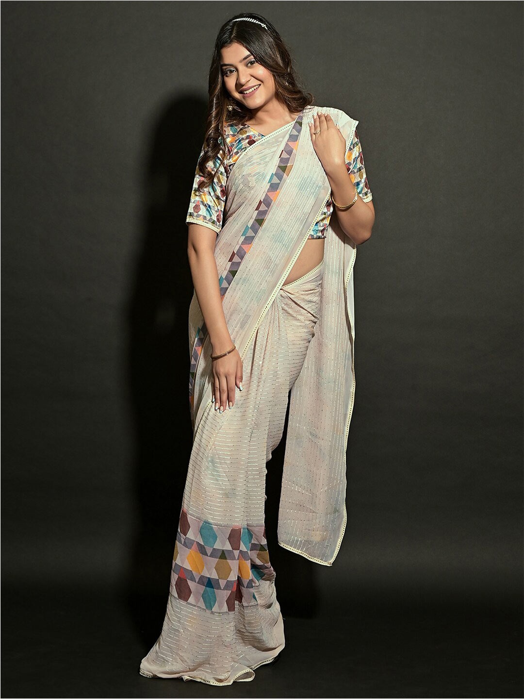 

Satrani Cream-Coloured & Grey Embellished Sequinned Poly Georgette Saree
