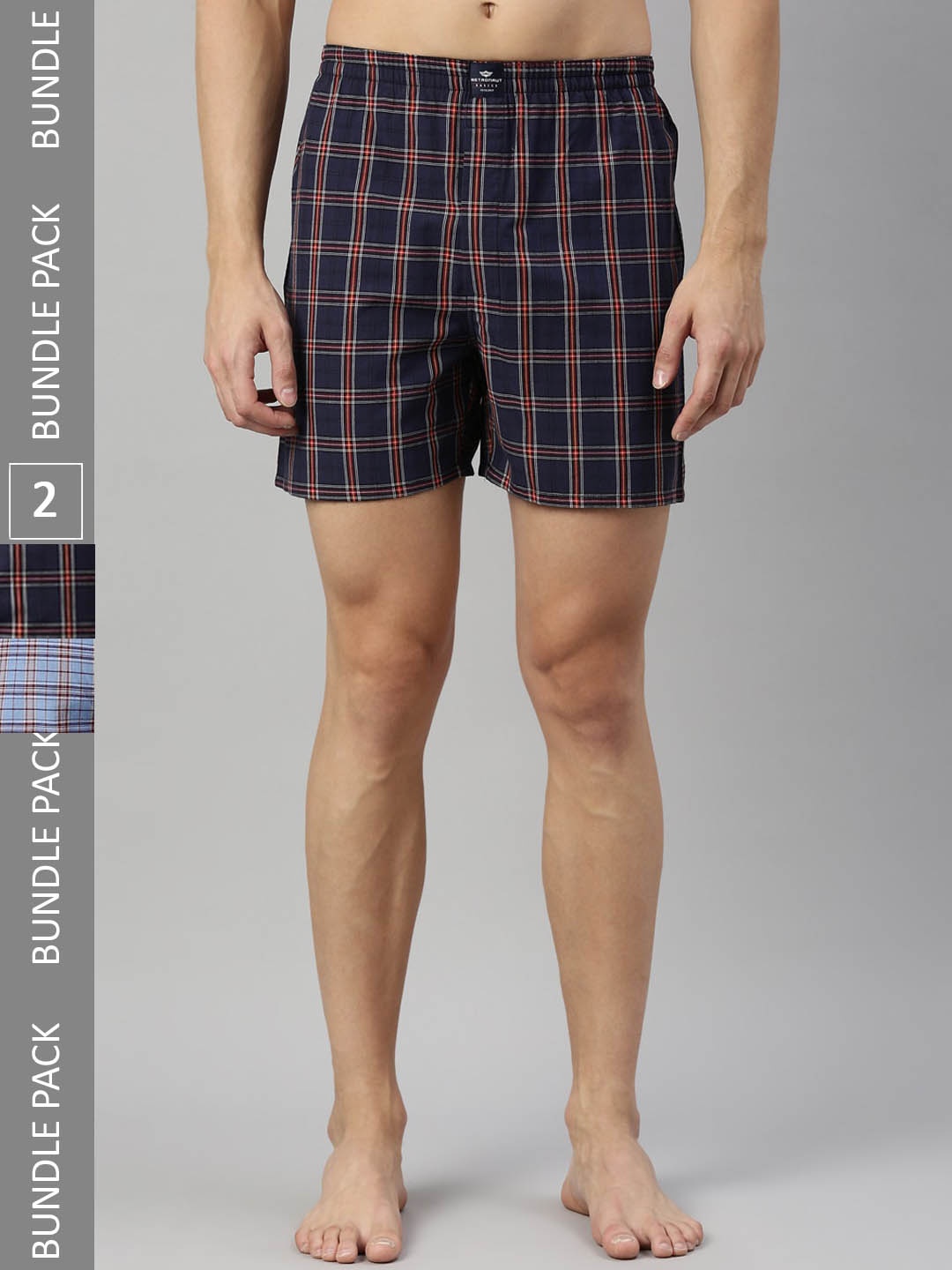 

Metronaut Men Pack Of 2 Mid-Rise Checked Pure Cotton Boxers, Navy blue