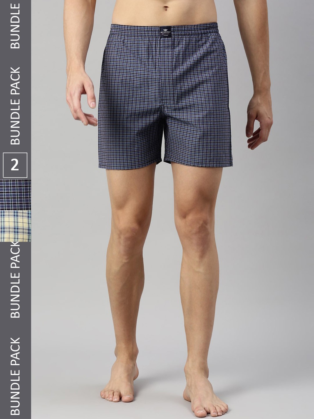 

Metronaut Men Pack Of 2 Mid-Rise Checked Pure Cotton Boxers, Navy blue