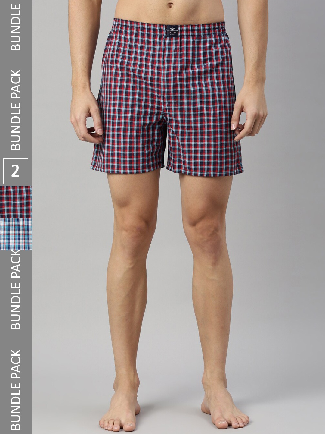 

Metronaut Men Pack Of 2 Mid-Rise Checked Pure Cotton Boxers, Red