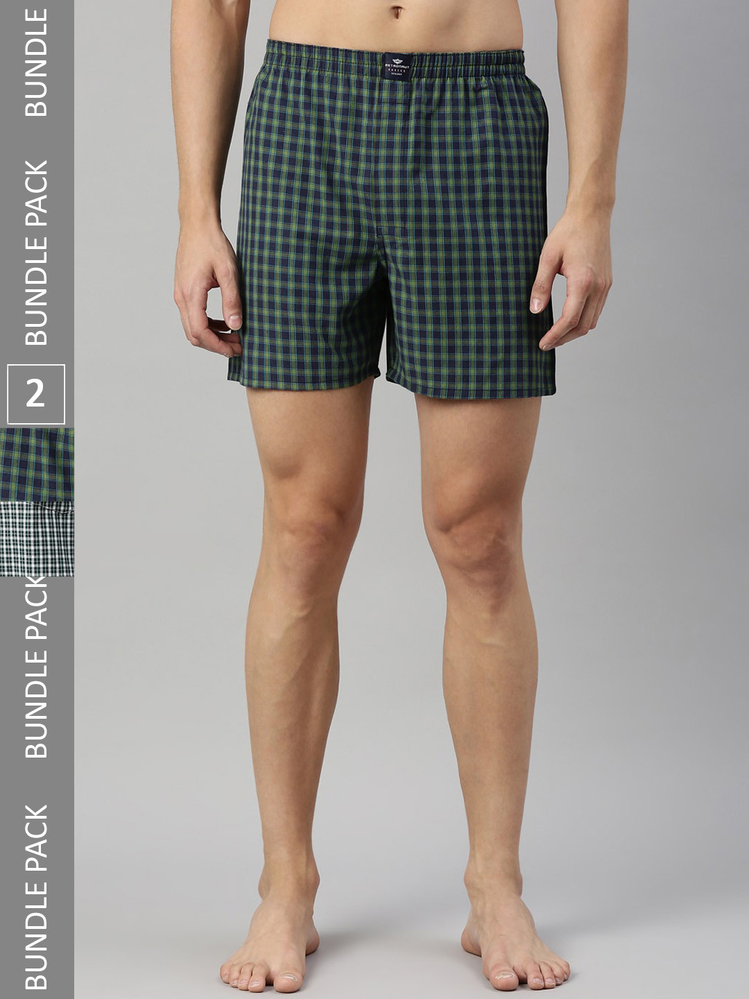 

Metronaut Men Pack Of 2 Mid-Rise Checked Pure Cotton Boxers, Navy blue