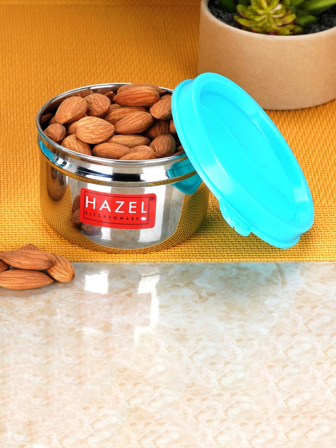 

HAZEL Silver-Toned & Blue Stainless Steel Airtight Tiffin Box-150 ML