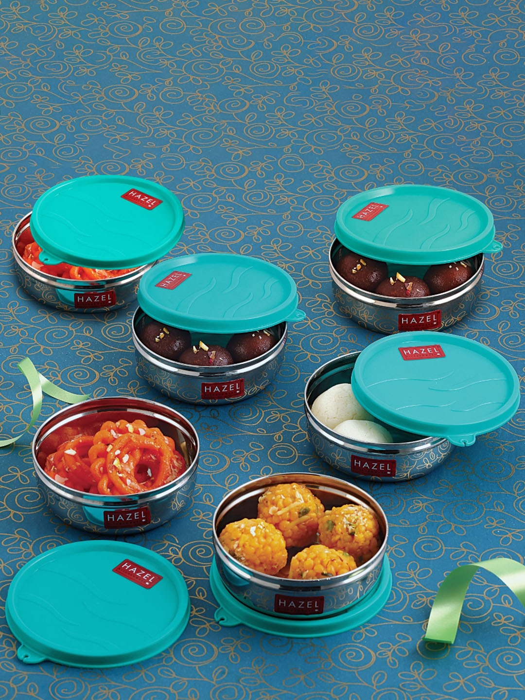 

HAZEL Set of 6 Air Tight Stainless Steel Containers with Leak Proof Lid, Sea green