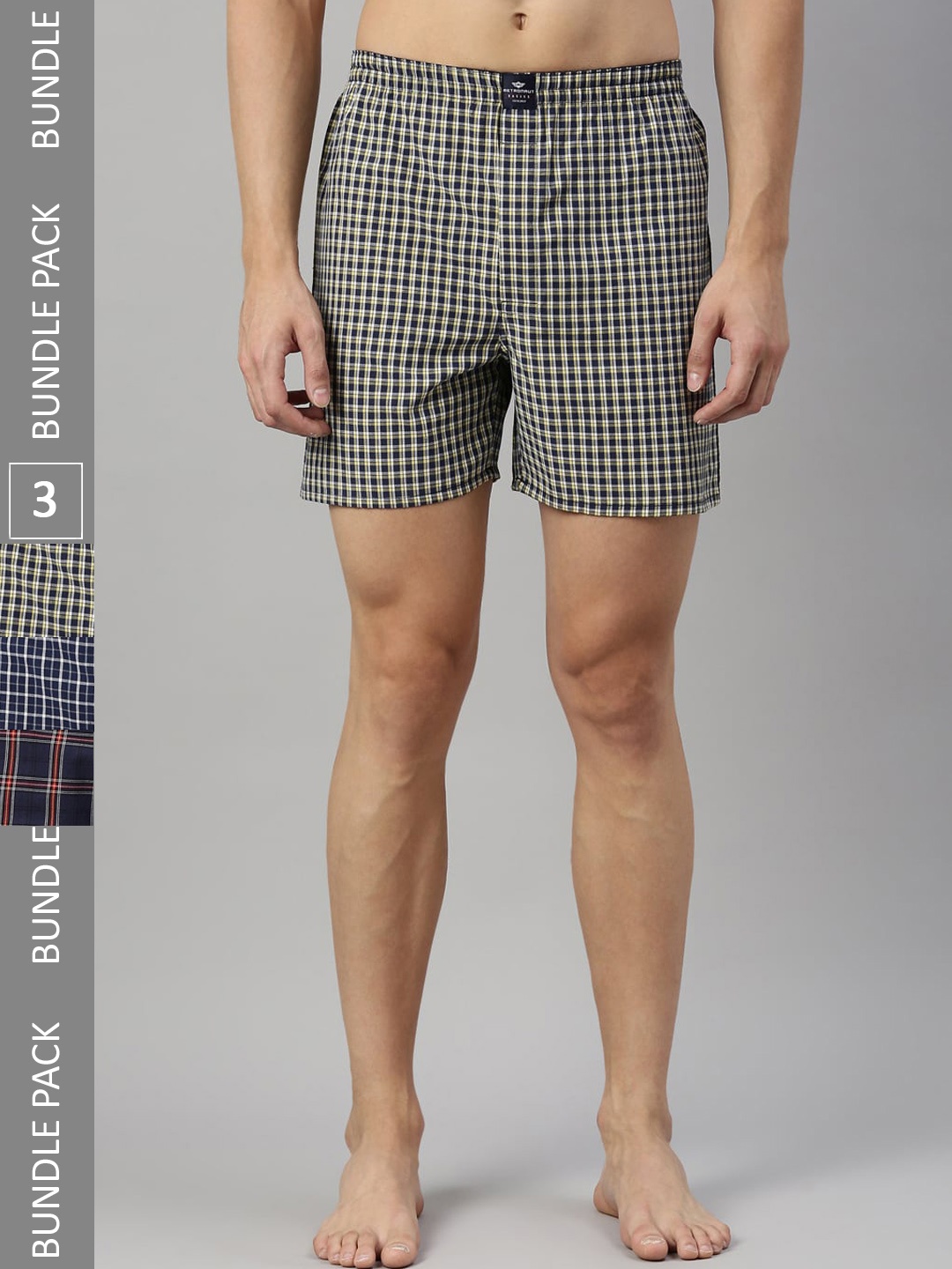 

Metronaut Men Pack Of 3 Checked Pure Cotton Boxers, Blue
