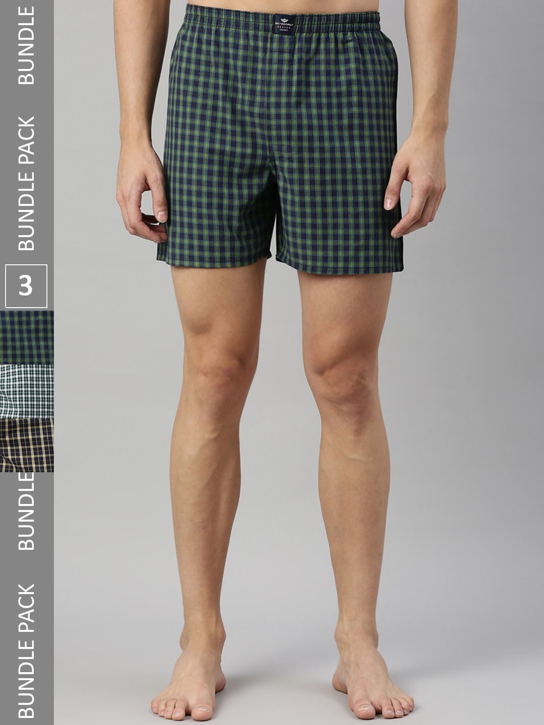 

Metronaut Men Pack Of 3 Mid-Rise Checked Pure Cotton Boxers, Green