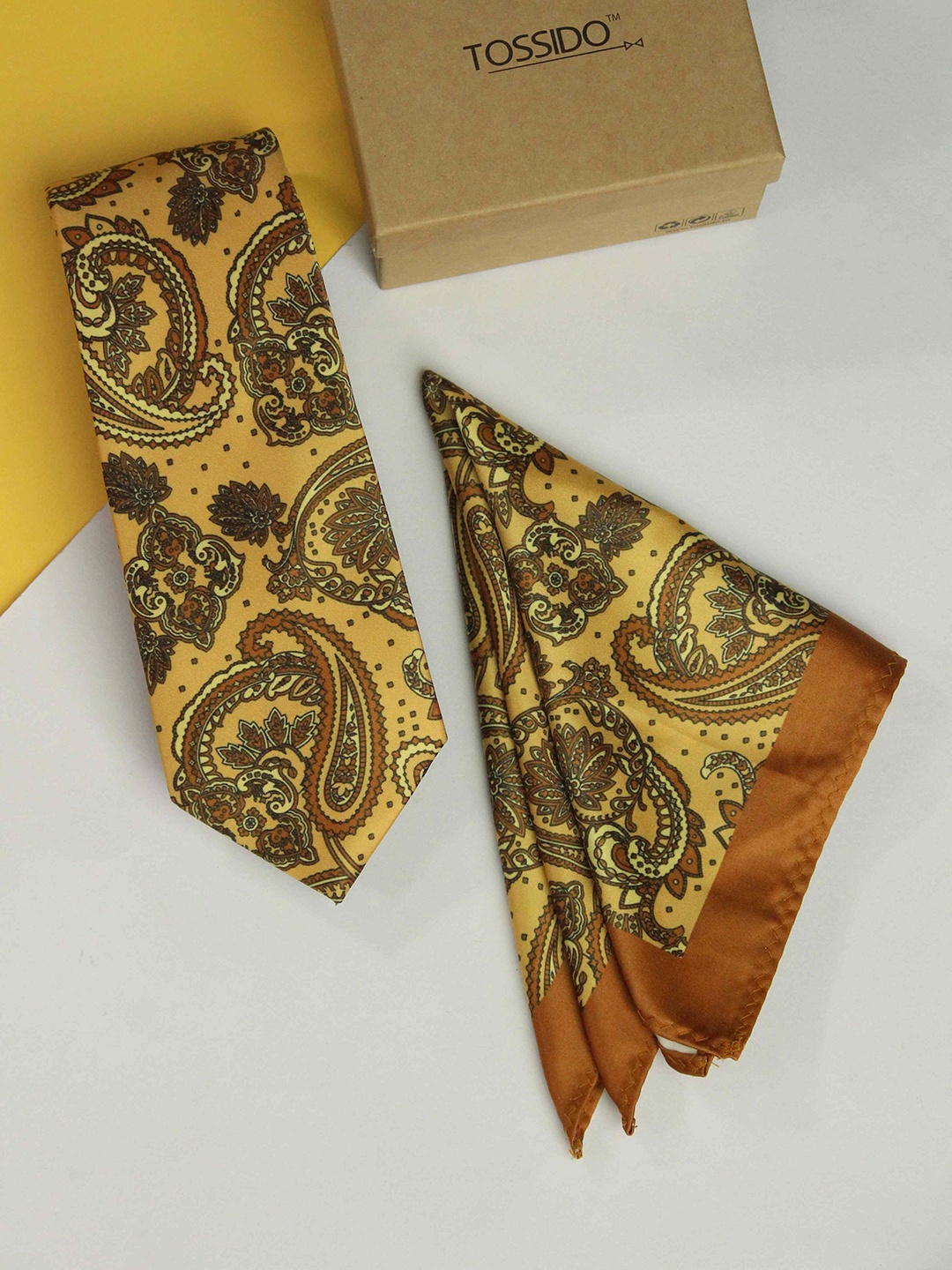 

Tossido Men Set Of 2 Paisley Printed Accessory Gift Set, Mustard