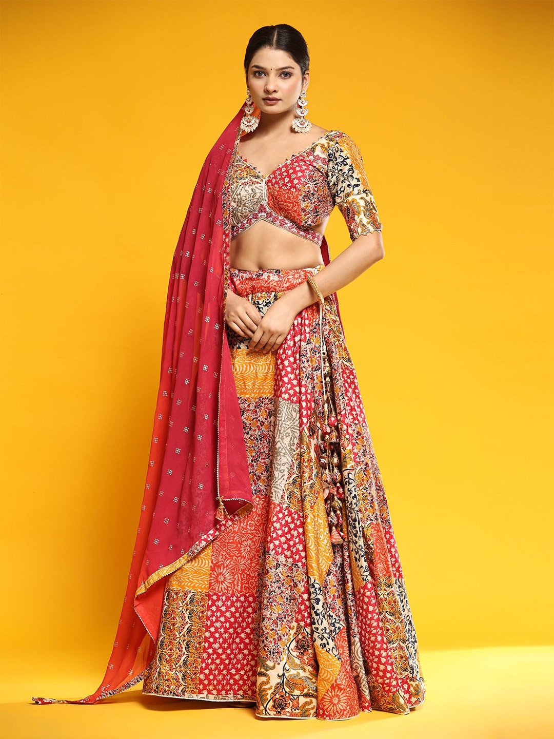 

Phenav Embroidered Mirror Work Ready to Wear Lehenga & Blouse With Dupatta, Red