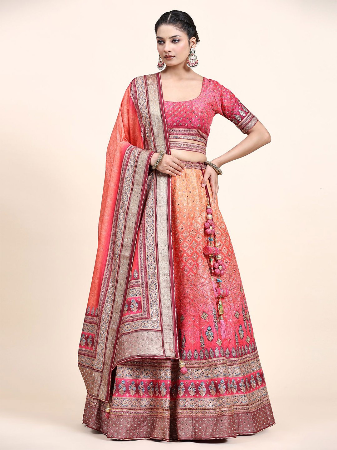 

Phenav Embroidered Mirror Work Ready to Wear Lehenga & Blouse With Dupatta, Orange