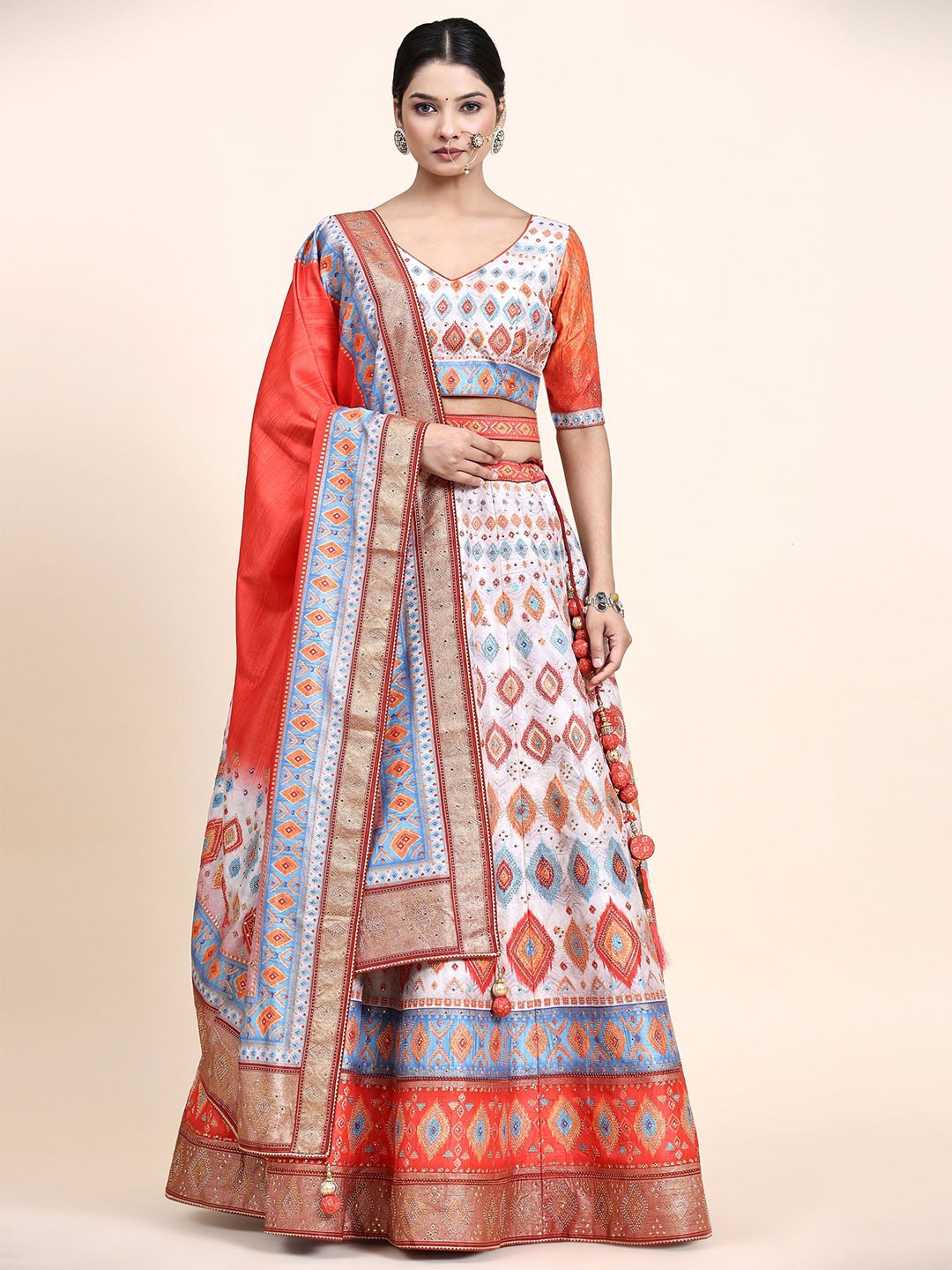 

Phenav Embroidered Mirror Work Ready to Wear Lehenga & Blouse With Dupatta, Red