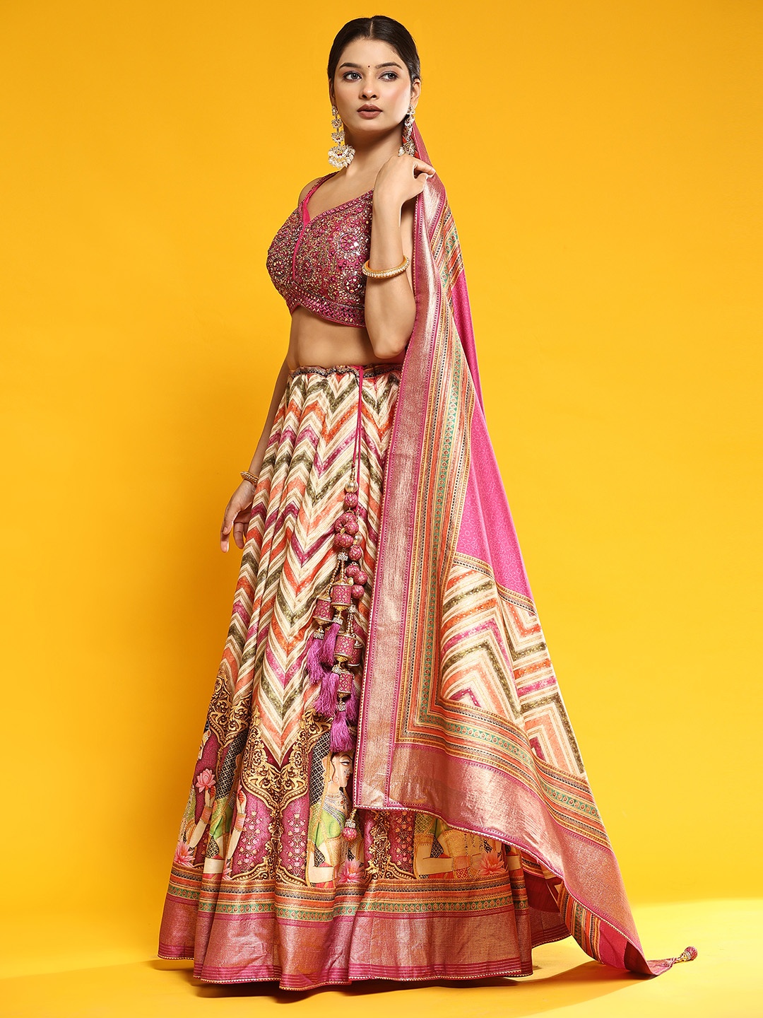 

Phenav Embroidered Mirror Work Ready to Wear Lehenga & Blouse With Dupatta, Pink