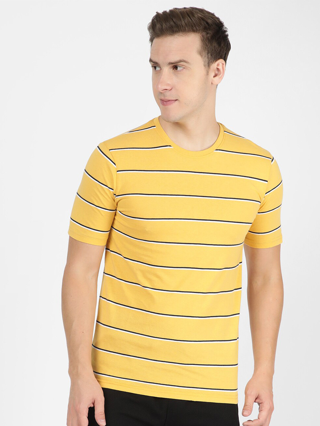 

R&B Striped Round Neck Cotton T-shirt, Yellow