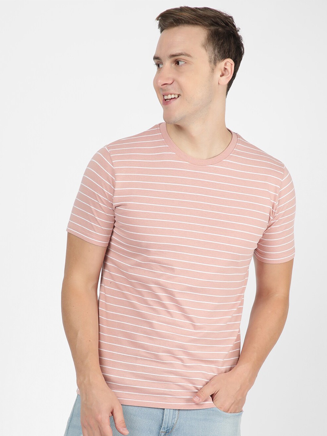 

R&B Striped Round Neck Cotton T-shirt, Pink